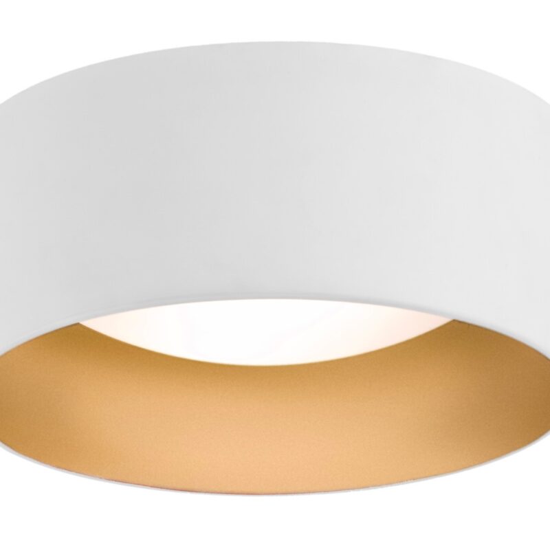 hito flush ceiling lamp, white & gold fabric drum shade, 2 light, 35cm width